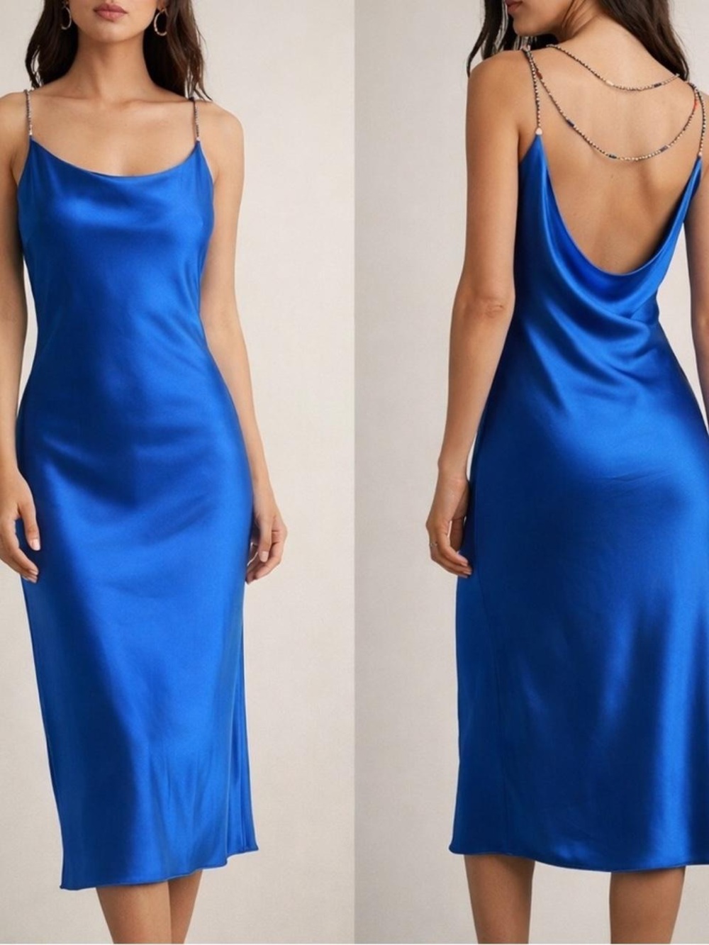 House of Harlow 1960 Rita blue satin backless dress with beaded straps